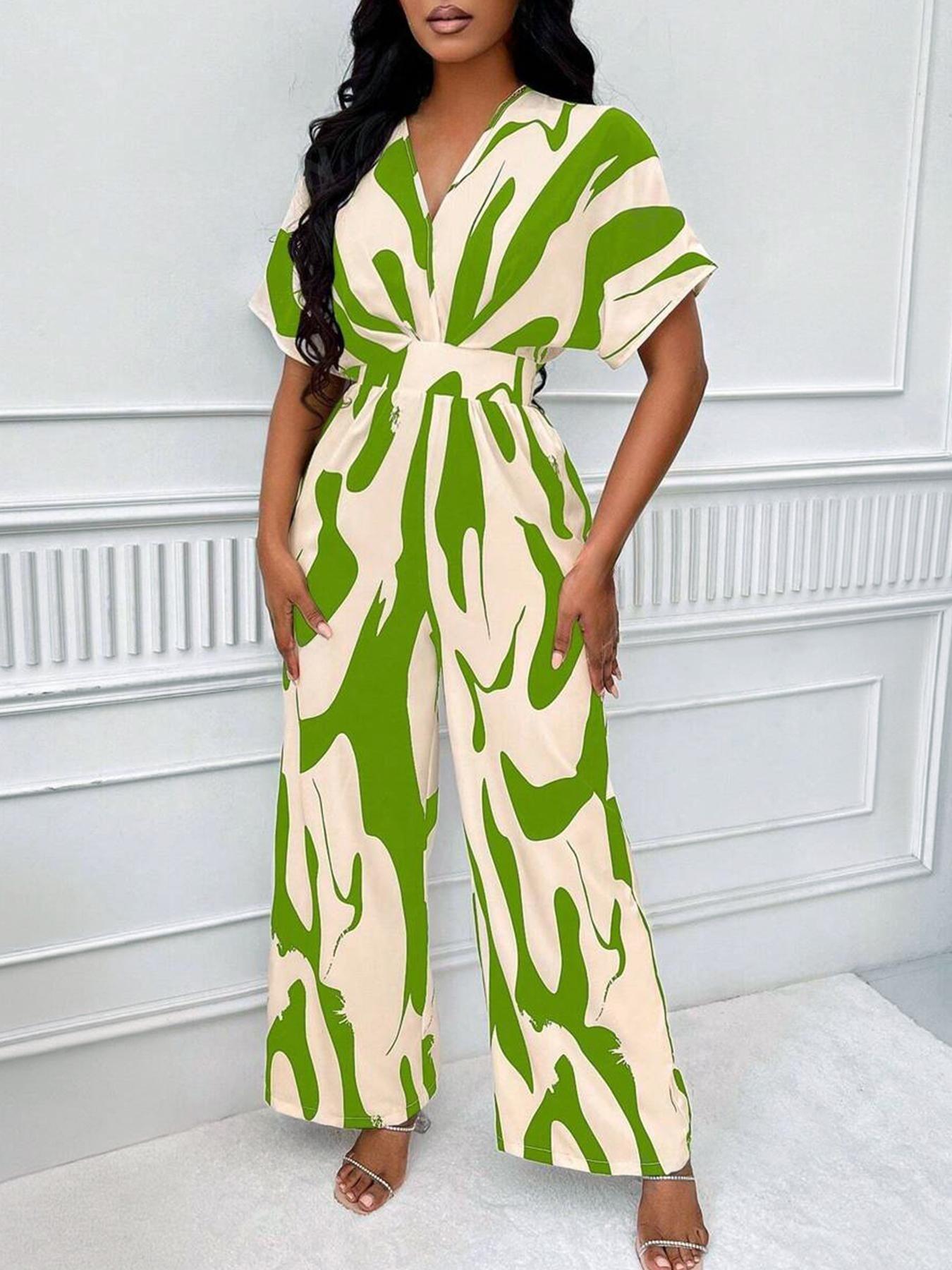 Women's Classy Casual Fashion All Over Print Shirred Wide Leg Flowy Jumpsuit, Sleek Soft Batwing Sleeve Jumpsuit for Spring & Summer, Lightweight Pill-Resistant Womenswear
