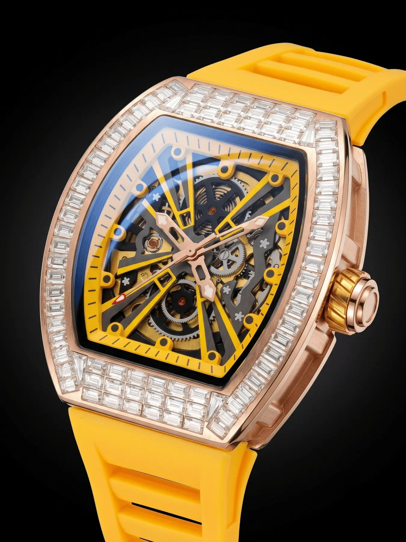 ONOLA Brand Diamond Skeleton Automatic Watch Mechanical Men Watches, Luminous Analog Watch, Full Rectangular Crystal Bezel, Bright Silicone Strap, Luminous Hands, 30m Water Resistance Men Watch, Perfect for Everyday Wear Holiday Gilf