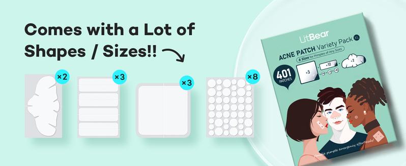 LitBear Large Pimple Patches for Face (6 Sizes 401 Patches), Big Hydrocolloid Acne Patches, XL Hydrocolloid Bandages for Body, Cheek, Forehead, Chin, Full Face, Back, Nose, Acne patch & Pimple patch