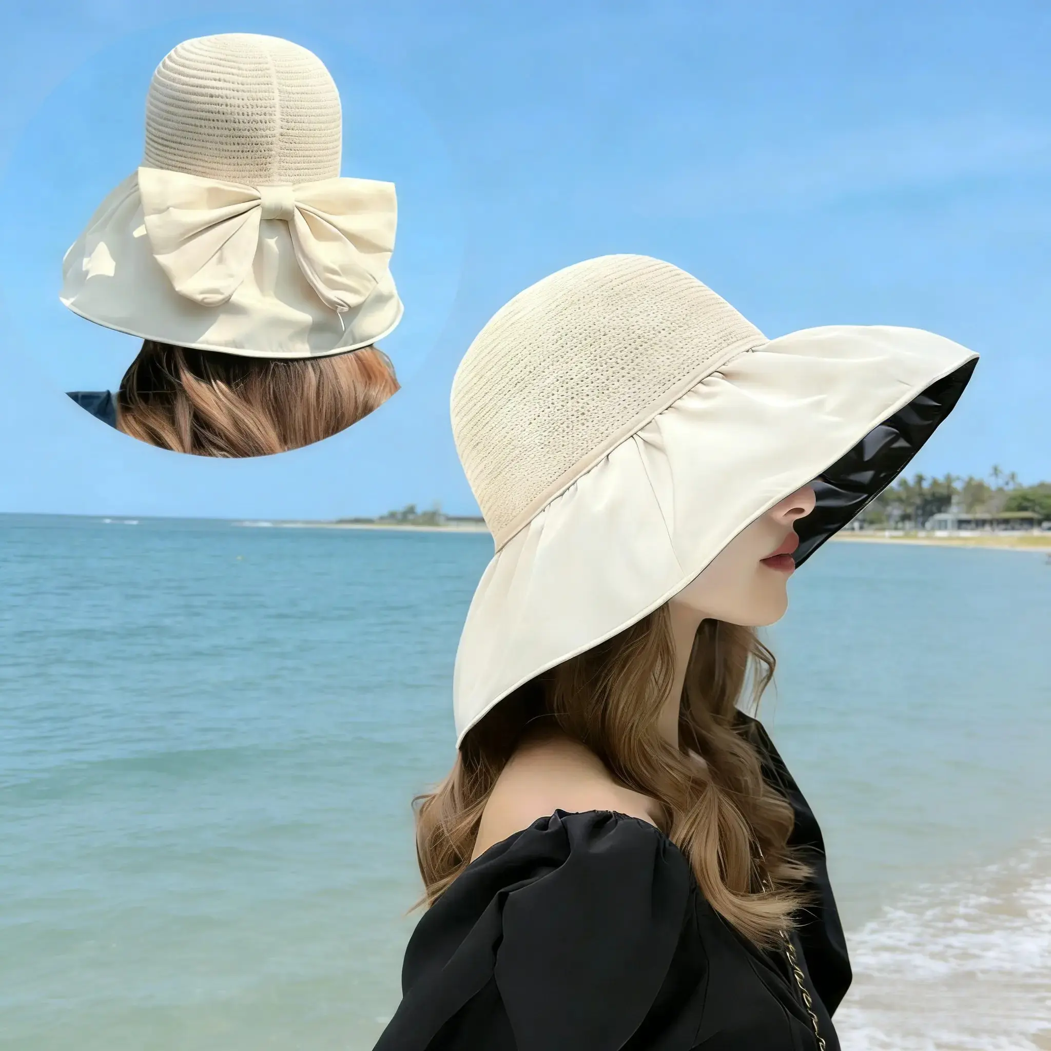 HOME 2-PACK Outdoor Sun Protection & Outdoor Hats - Detachable Bow, Black Rubber, Foldable Cap, Portable Beach Hat, Windproof Rope Included