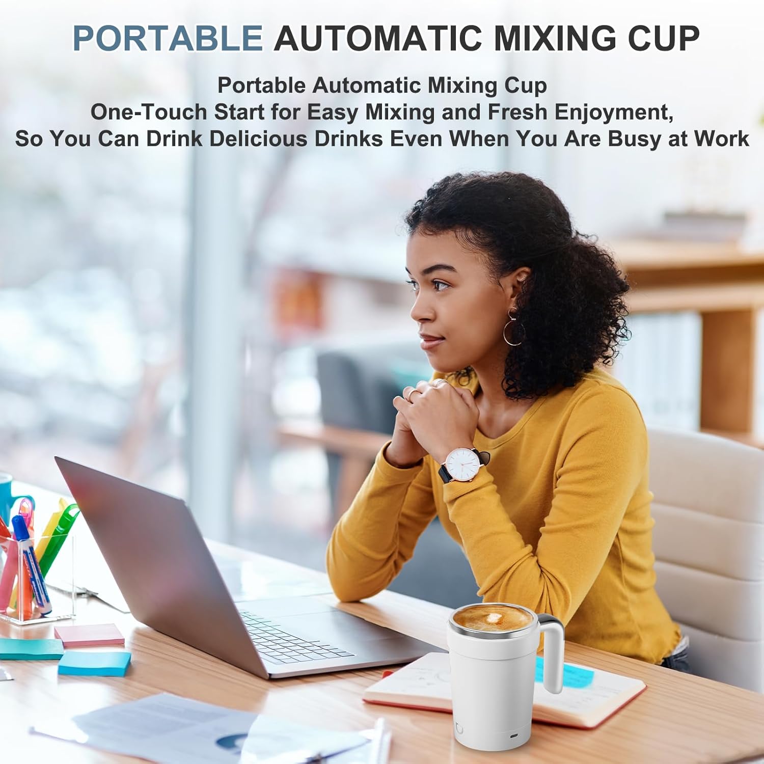 Automatic Stirring Coffee Cup, Rechargeable Automatic Magnetic Stirring Cup with Temperature Display, Drinking Cup Lid with Straw, Suitable for Coffee, Tea and Hot Chocolate, Stirring Mug