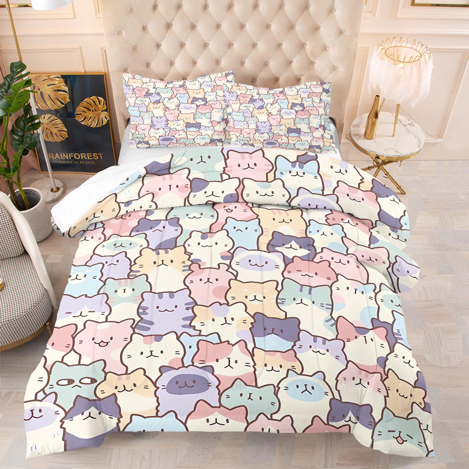 Happy Healing Cat Series Pattern Quilt, Includes 1 Quilt and 1/2 Pillowcases, Soft Comfortable Home Bedding, Perfect for Dorm or Bedroom Decor