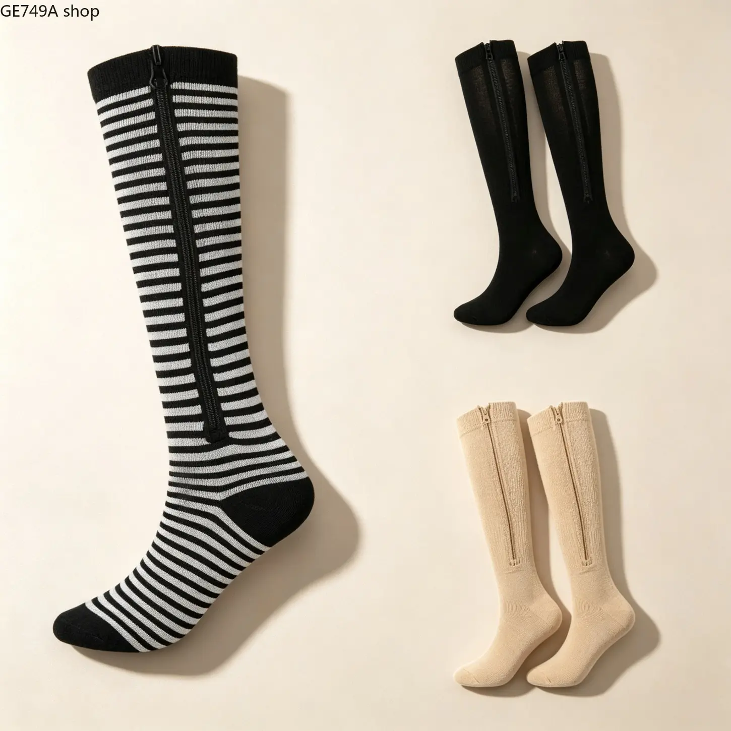 Compression Socks for Adults Black Stripe Long Calf Zip Toe Thermal Moisture Wicking Breathable Sports Fit Athletic Socks for Outdoor Running Cycling, Small Elegant Apparel Accessories Unique Gift