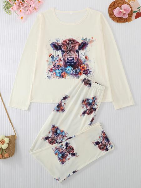 Women's 2-Piece Pajama Set, Casual Round Neck Long Sleeve Top & Elastic Pants, Cartoon Print, All-Season Comfortable Sleepwear