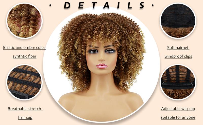 Xinran Blonde Curly Afro Wigs for Black Women, Blonde Kinky Curly Wig With Bangs, Synthetic Heat Resistant Fiber Afro Blonde Curly Wig for Daily Use