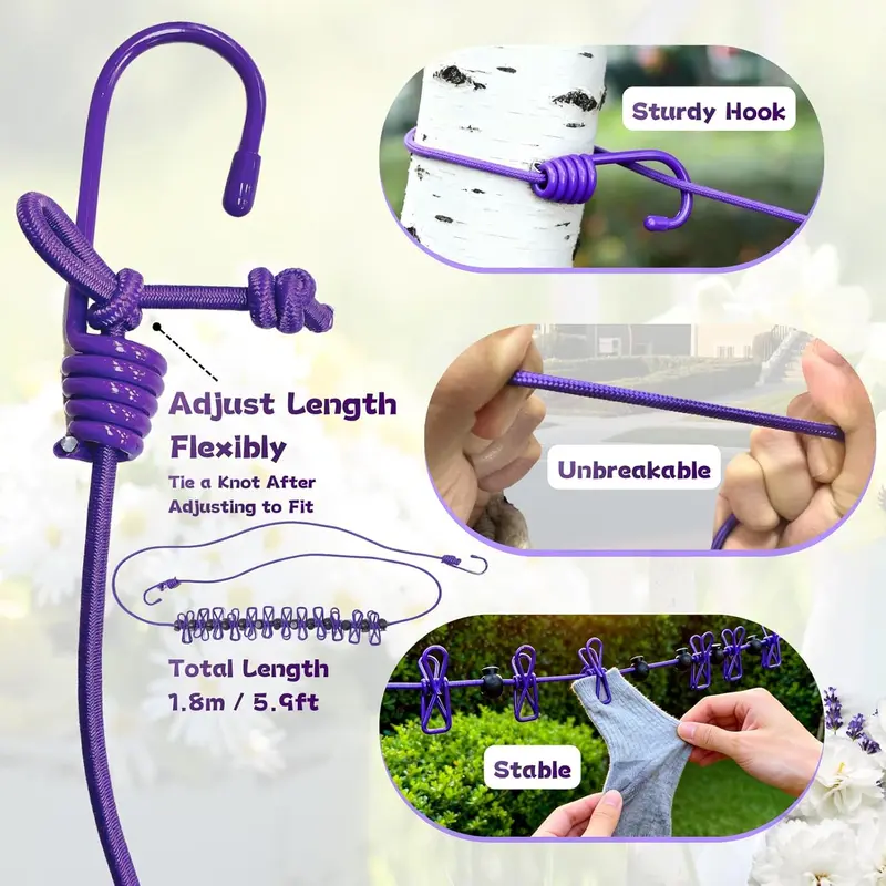 Stainless Steel Foldable Portable Travel Clothesline - 1.8m (5.9ft) Retractable Nylon Rope, 12 Adjustable Clips, Slip-Resistant Windproof Compact Fold Laundry Tool for Camping, Clothes Drying, Home Laundry Room Accessories