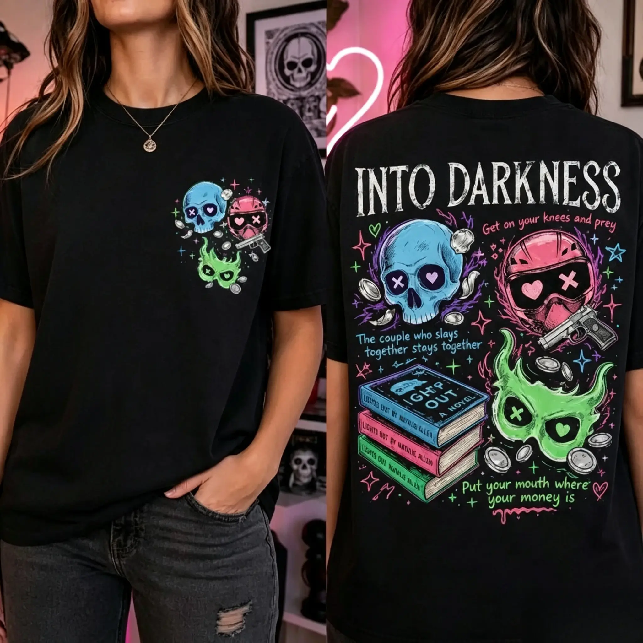 2-sided Into Darkness Inspired T-shirt, Game On Navessa Allen Comfort T-Shirt, Lights Out Dark Romance Tee, Caught Up Book T-shirt