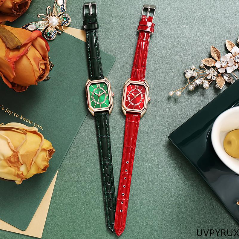 2026 Retro Square Women's Watch | Green & Red Leather Strap, Vintage Style