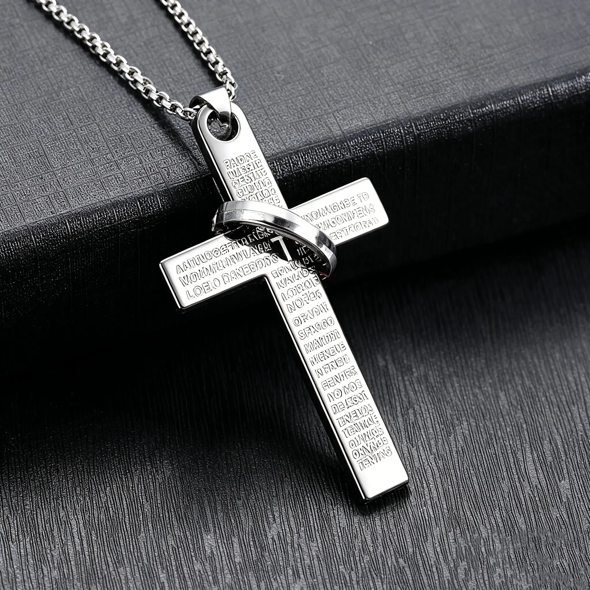 Circle Cross Necklace with Inscriptions, Round Pendant Engraved with Inspirational Phrases, Christian Faith Jewelry, Minimalist Cross Chain for Daily Use for Men and Women