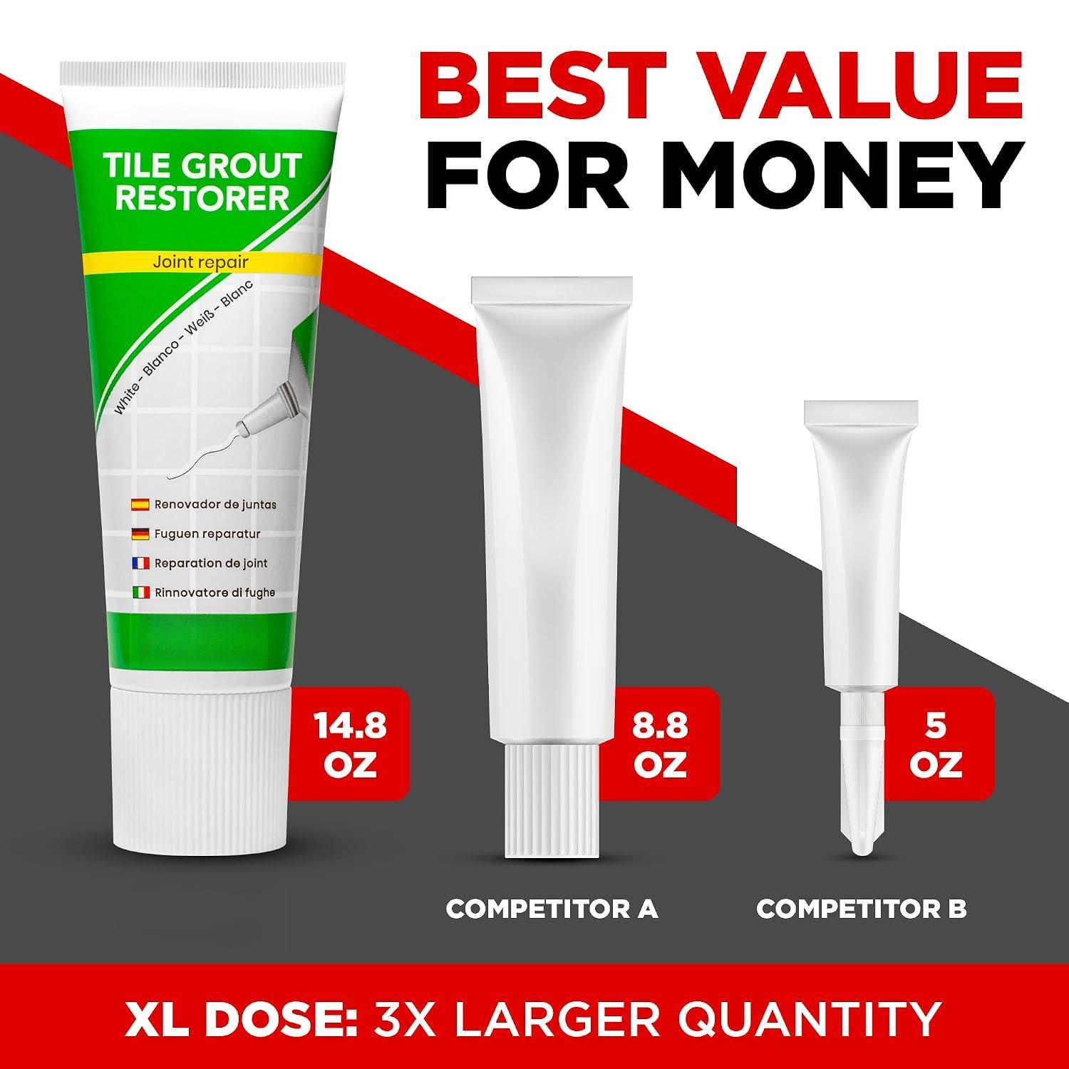 Tile Grout Repair XL – White Grout Filler Tube for Bathroom & Kitchen – Drying, Odorless, Easy to Apply – Restores Tile Gaps, Cracks, Lines & Joints- (Bigger: 14,12oz - 400g) Tile Grout Repair XL – White Grout Filler Tube for Bathroom & Kitchen – Drying, Odorless, Easy to Apply – Restores Tile Gaps, Cracks, Lines & Joints- (Bigger: 14,12oz - 400g)