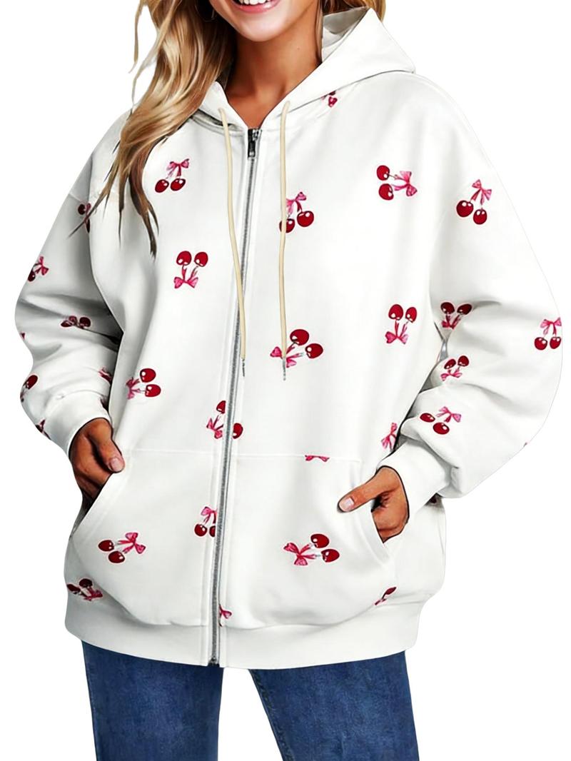 Oversized Cherry Print Zip-Up Hoodies for Women | Soft Fleece Long Sleeve Casual Hooded Sweatshirts | Loose Fit Daily Streetwear | Single Piece | White & Red Cherry Pattern Style | Graphic Hoodies Oversized Cherry Print Zip-Up Hoodies for Women | Soft Fleece Long Sleeve Casual Hooded Sweatshirts | Loose Fit Daily Streetwear | Single Piece | White & Red Cherry Pattern Style | Graphic Hoodies