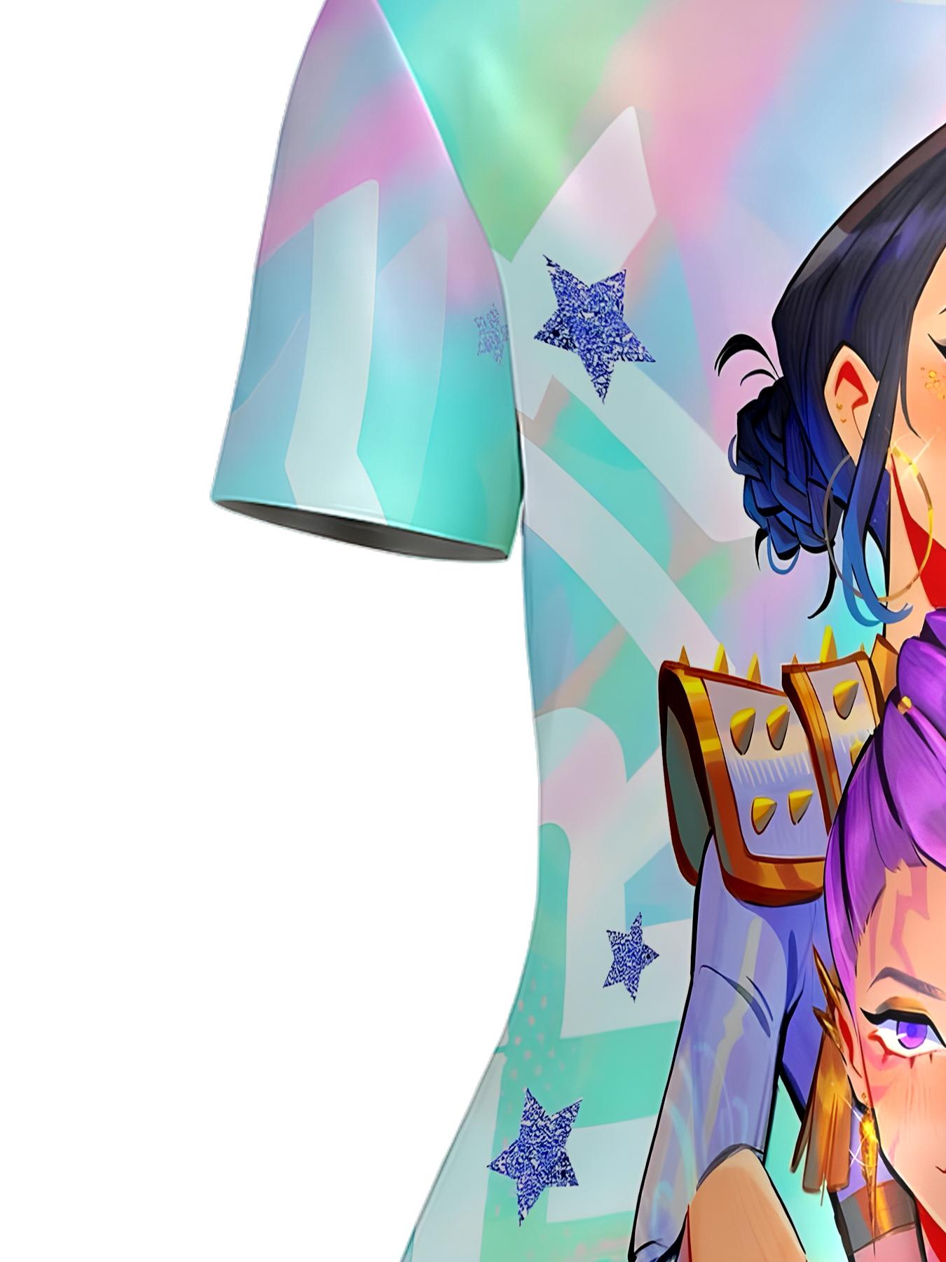 Girls Holographic Gradient Anime Girl Group Print Dress, Kids Crew Neck Short Sleeve A-Line Princess Skirt, Casual Summer Skirt for Big Kids