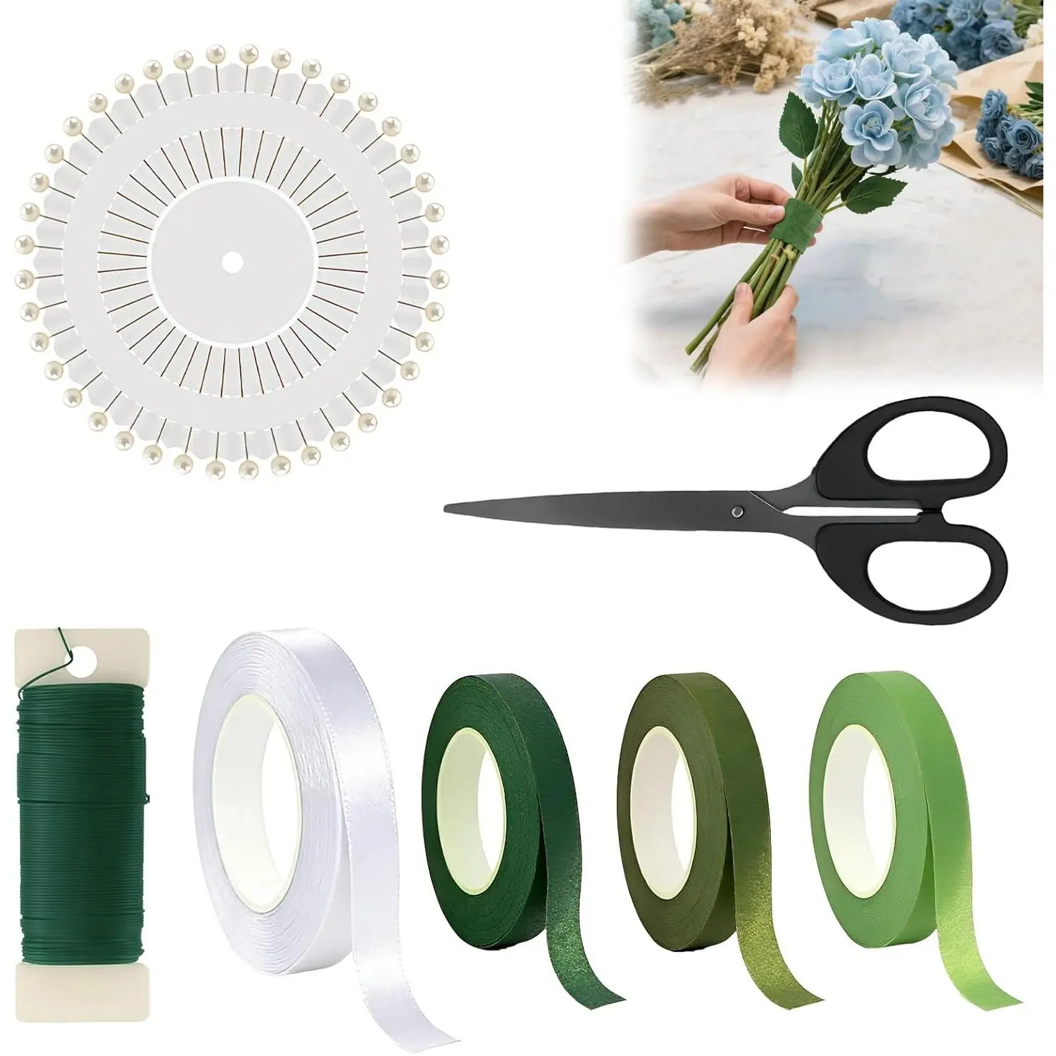 Floral Arrangement Kit - 7 count Bouquet Making Supplies with Green Tape Boutonniere Flower Pin Wire and  for DIY Bouquets Crafts