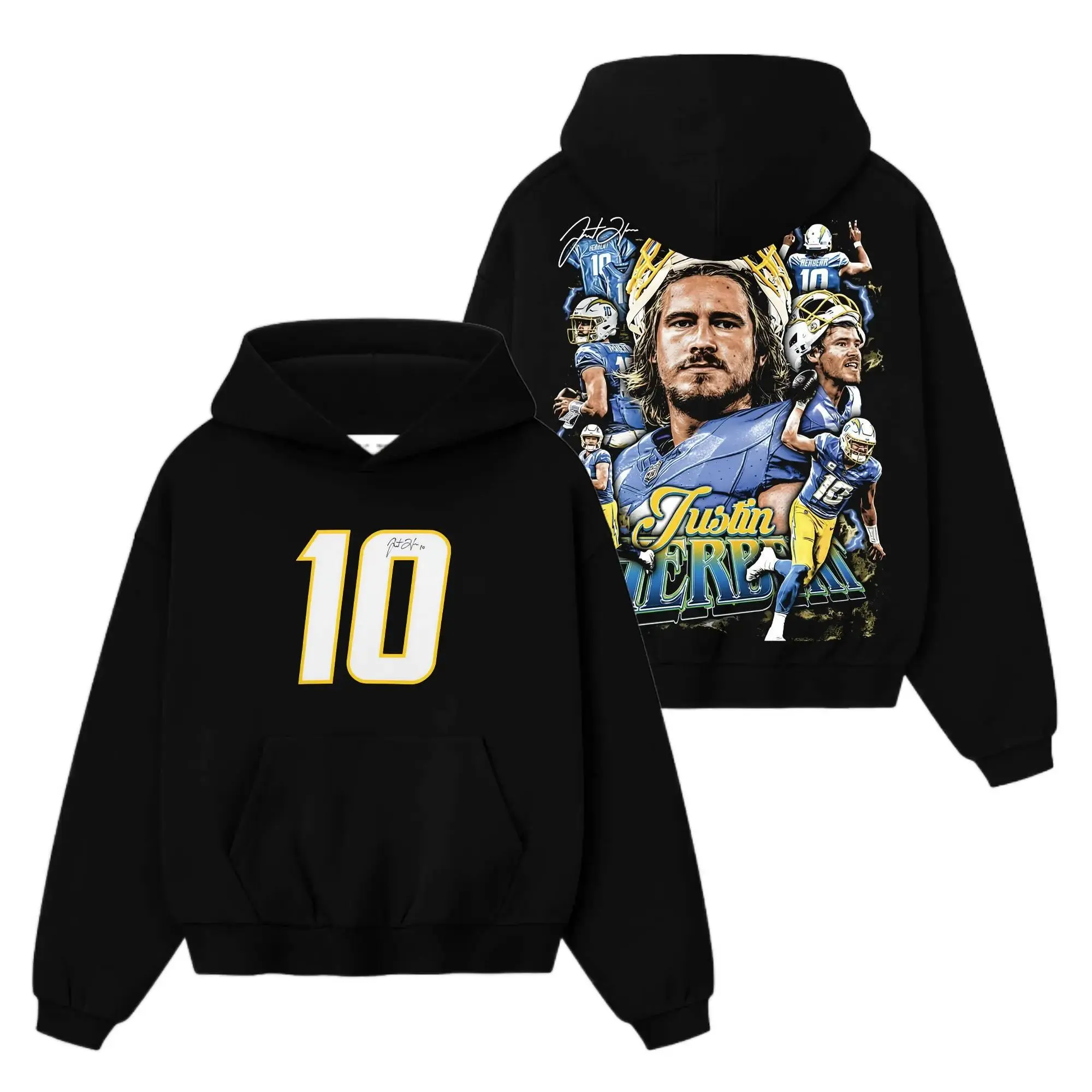 [Sale Up To 50%] Unisex Justin Herbert - Herbo # 10 For Chargers Nation Cotton Hoodie Sweatshirt T-Shirt (Made In US), Bolt Up! Outfit, Game Day Outfits, Gift For Football Fans, Football Graphic Hoodie