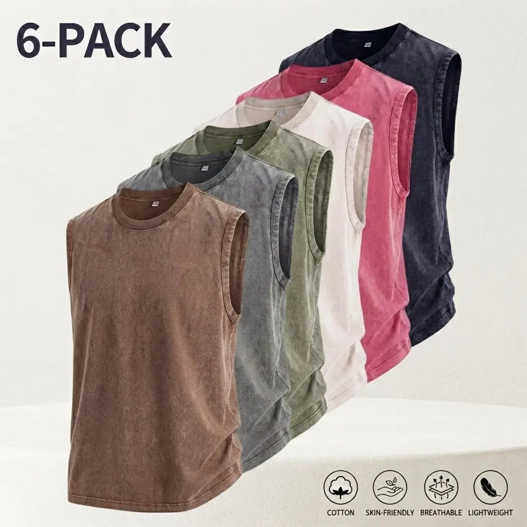 Men's Pure Cotton Vintage Washed Distressed Tank Tshirt - Loose-Fit Wide-Shoulder Sleeveless Athletic Menswear, Machine-Washable Plain Solid Colors, Multi-Use for Sports Casual Back to School