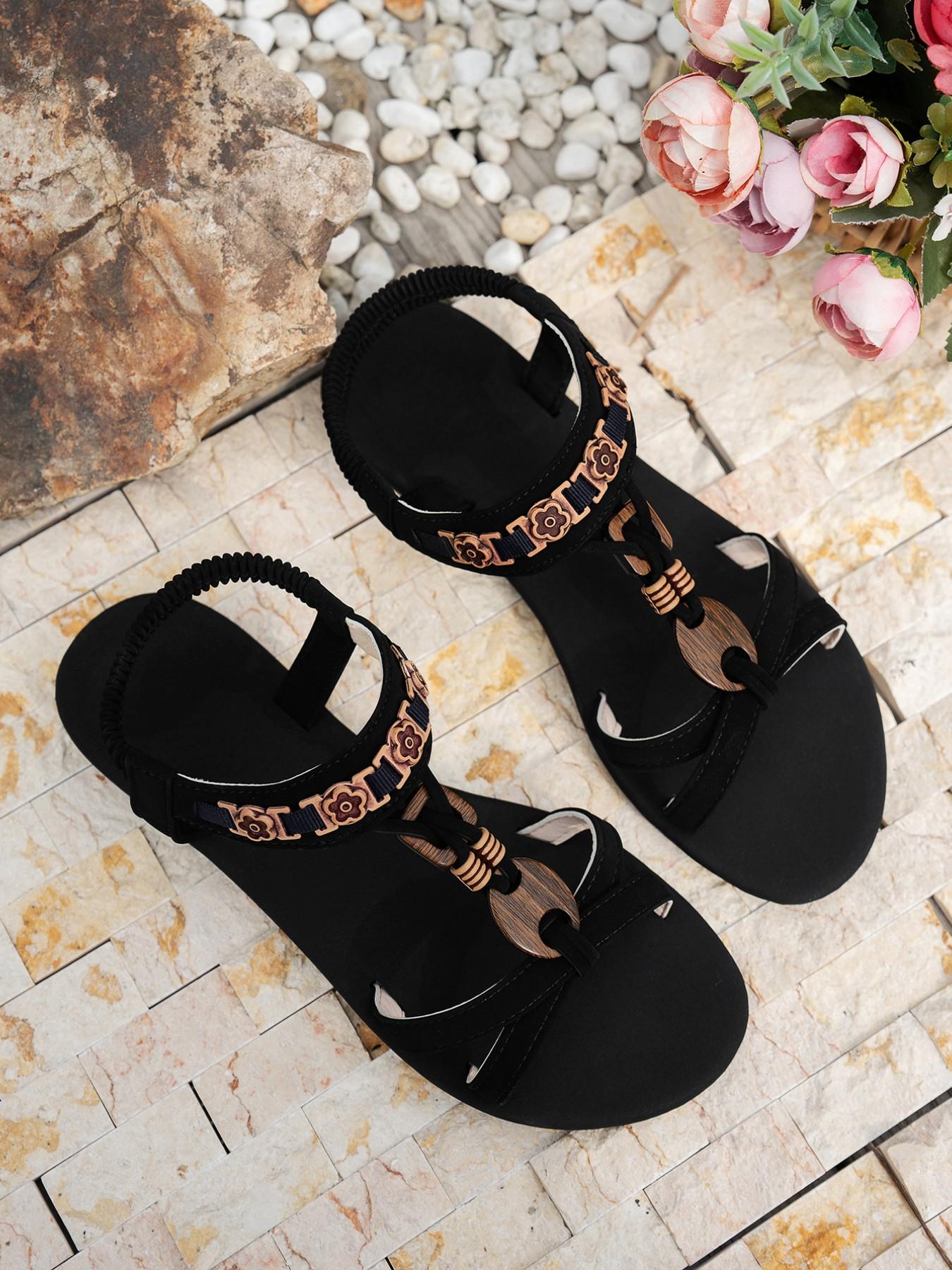 Women's Boho Flat Sandals, Elegant Fashion Round Toe Beaded Flower Beach Shoes, Outdoor Vacation Slippers, Artificial Leather, Lightweight Sandals, Adjustable Sandals, Rubber