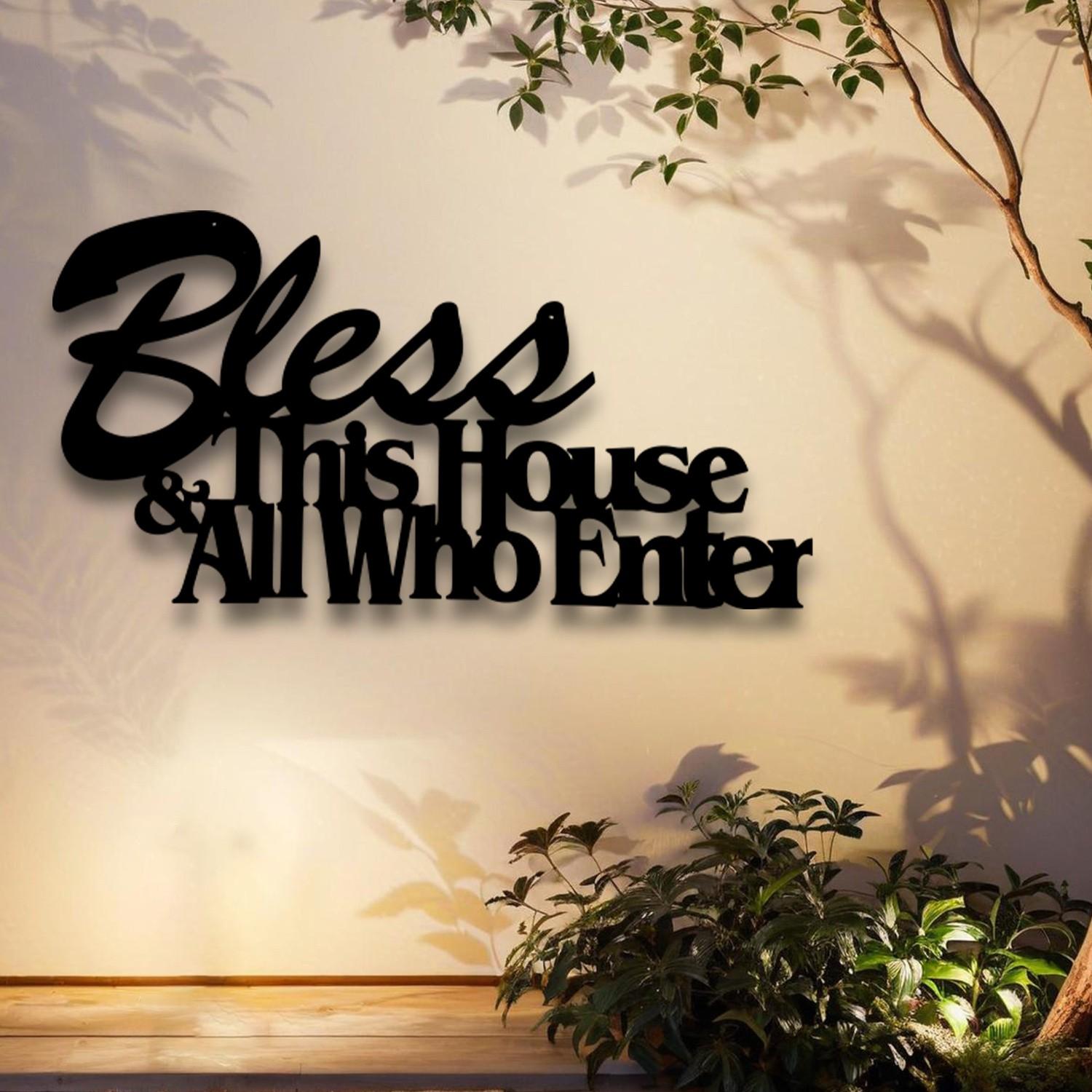 Christian Bible Verse Wall Plaque, Metal Decorative Sign, Suitable for Home, Office, Church, Bless This House and All That Enter, Living Room Bedroom Decoration