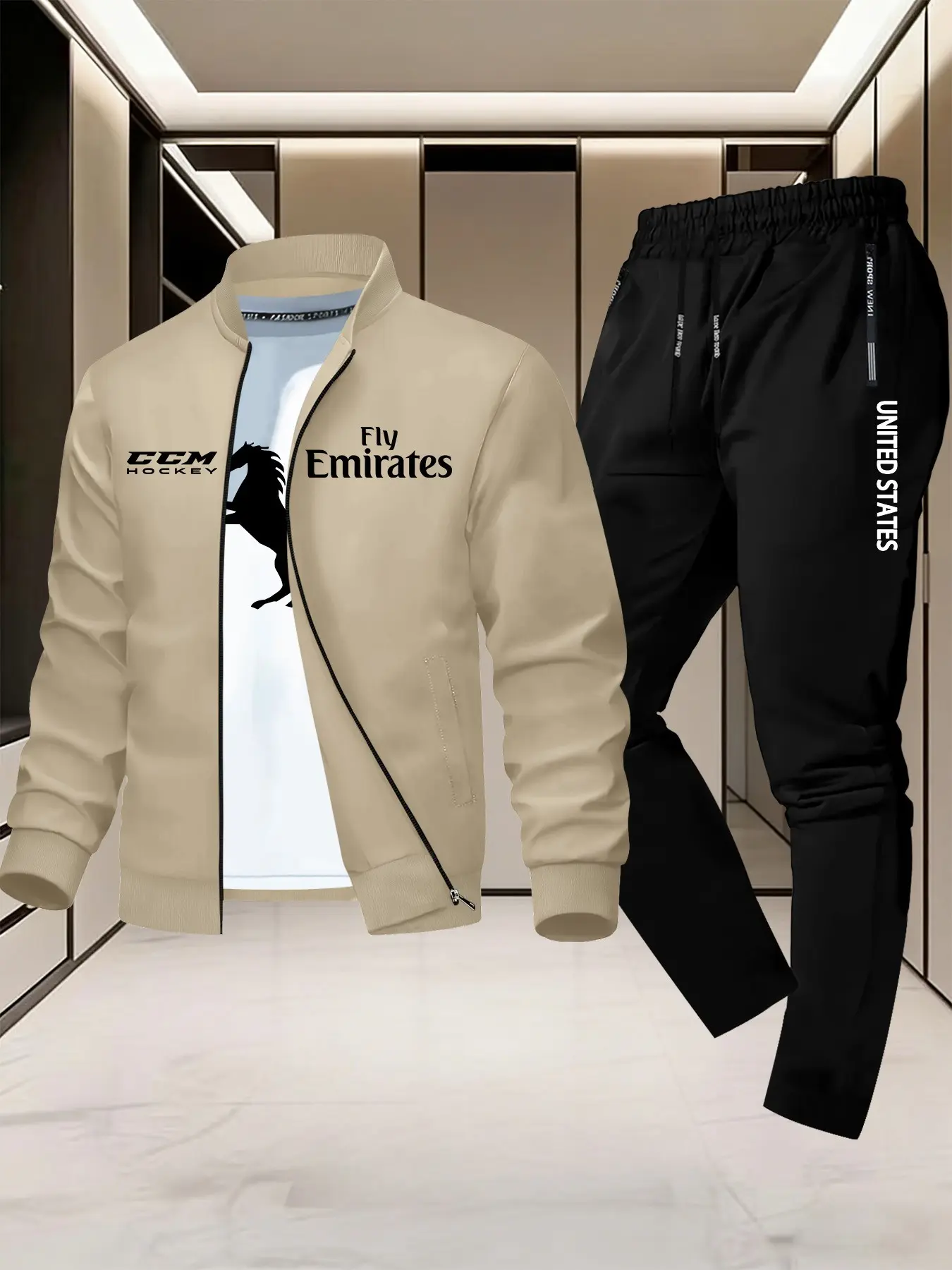 Khaki jacket + black long pants