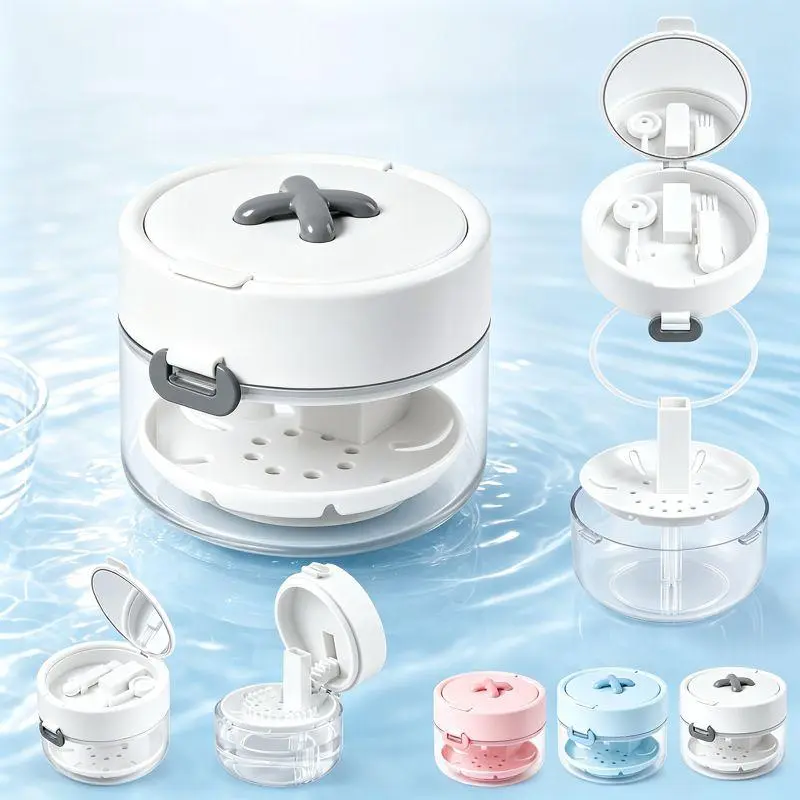 3-in-1 Portable Retainer Case with Cleaning Basket, Invisible Aligner & Denture Storage Holder for Cleaning Tablets