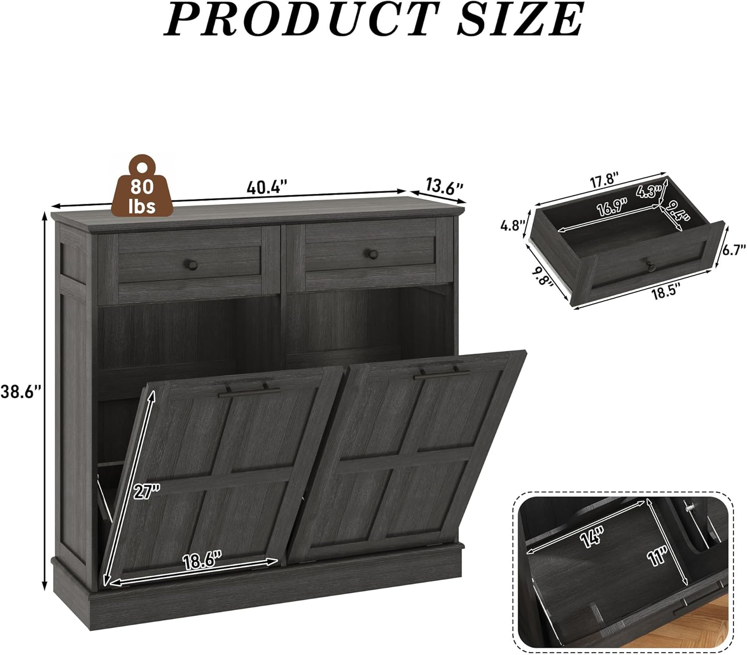 Trash Can Cabinet, 10 Gallons / 20 Gallons Farmhouse Hidden Wood Garbage Can Bin Cabinet with Drawers, Tilt Out Laundry Hamper with Laundry Storage Basket for Bathroom, Kitchen, Brown/Antique White/Dark Grey