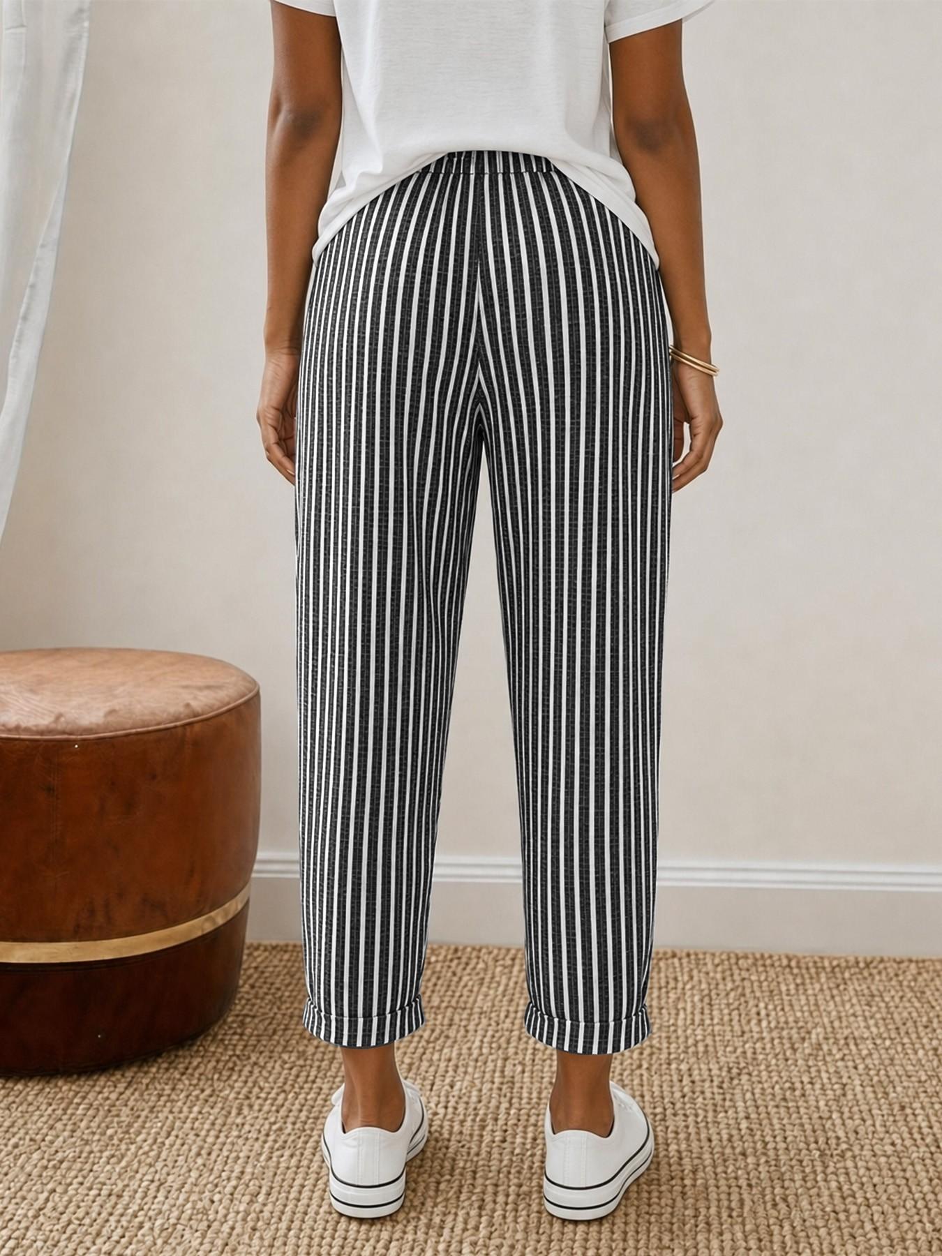 Women's 2026 Striped Cropped Jogger Pants, High-Waist Drawstring Design with Side Pockets and Cuffed Ankle Hem, Breathable Lightweight Fabric, Athleisure Style Bottoms