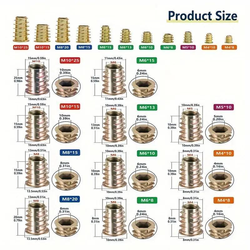 Threaded Inserts Set, 130pcs & 70pcs Nut Combo Tools for Woodworking, Durable Metal Bolts & Screws, Ideal for DIY Projects