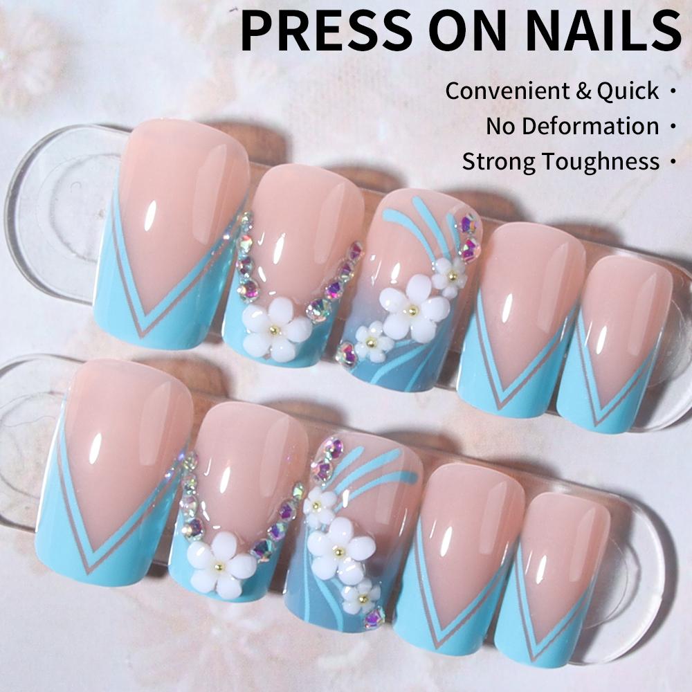 24pcs Medium Square Blue French 3D Gel Nails, Rhinestone Decor, Sweet European Style, Easy Wear Acrylic False Nails Set for Women Girls