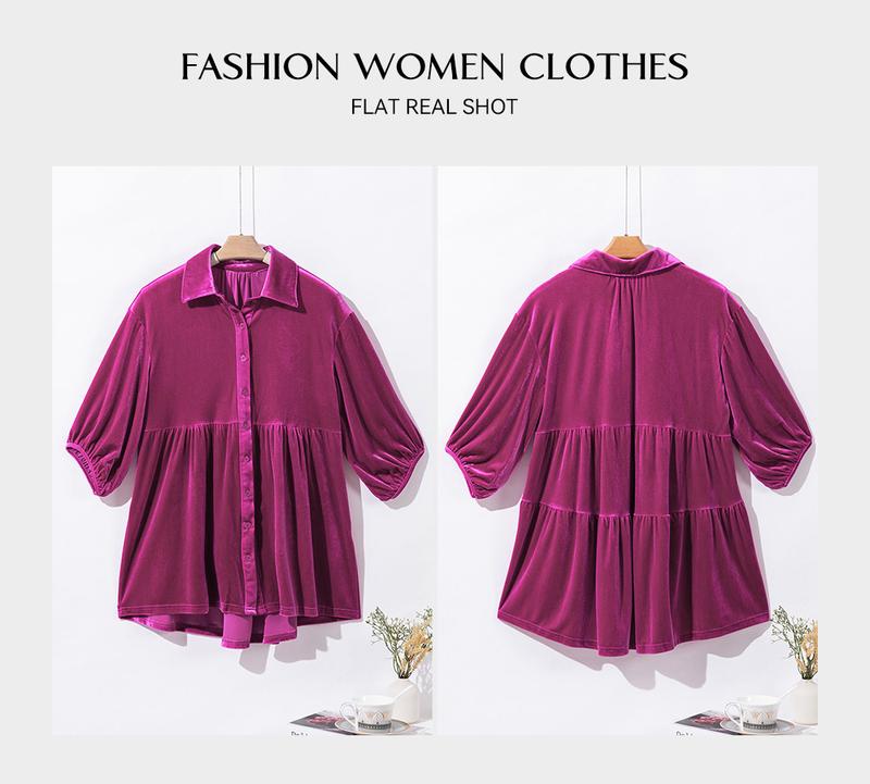 Asvivid Women Fall Fashion 3/4 Sleeve Button Front Velvet Tunic Babydoll Top | Perfect for Party Holiday Season