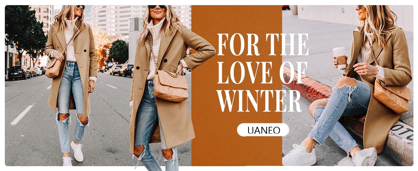 UANEO Women's Notch Lapel Double Breasted Wool Blend Mid Long Pea Trench Coat