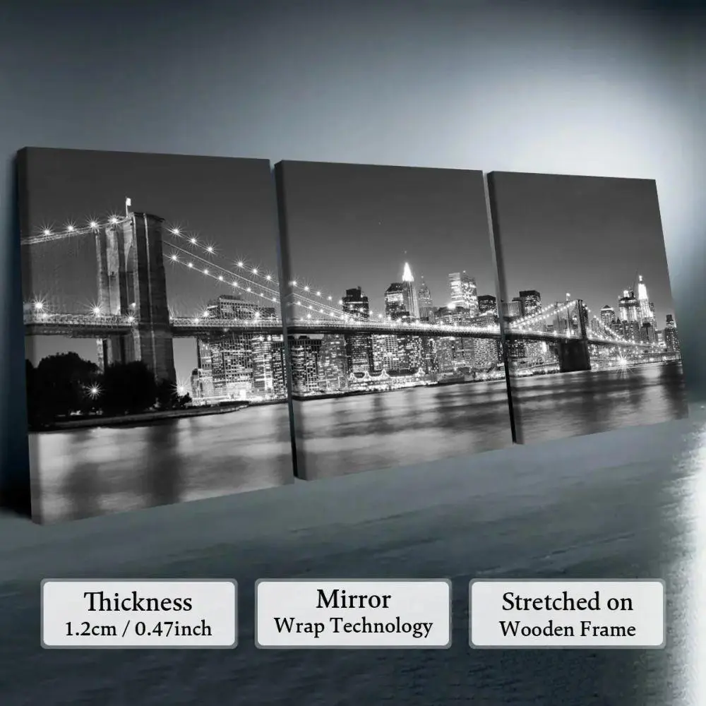 New York Brooklyn Bridge 3 Piece Canvas Wall Art Black White NYC Skyline Night Landscape Living Room Office Decor Poster Set