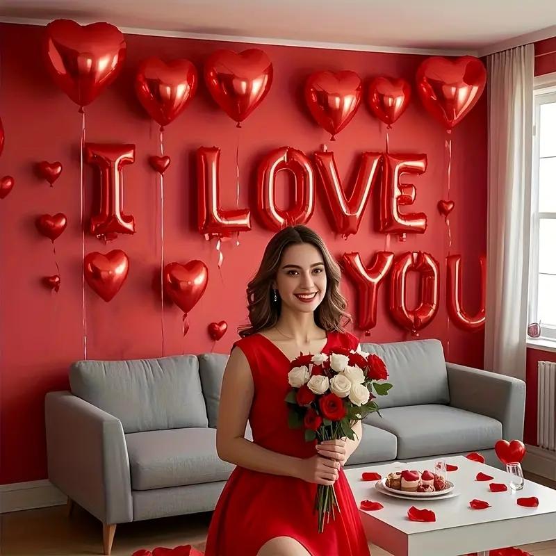 I Love You Heart Balloon Set, Heart Shaped Balloons, 16 Inch Banner + 18 Inch Foil Balloon Accessories, Perfect for Weddings, Anniversaries, Birthdays & More!