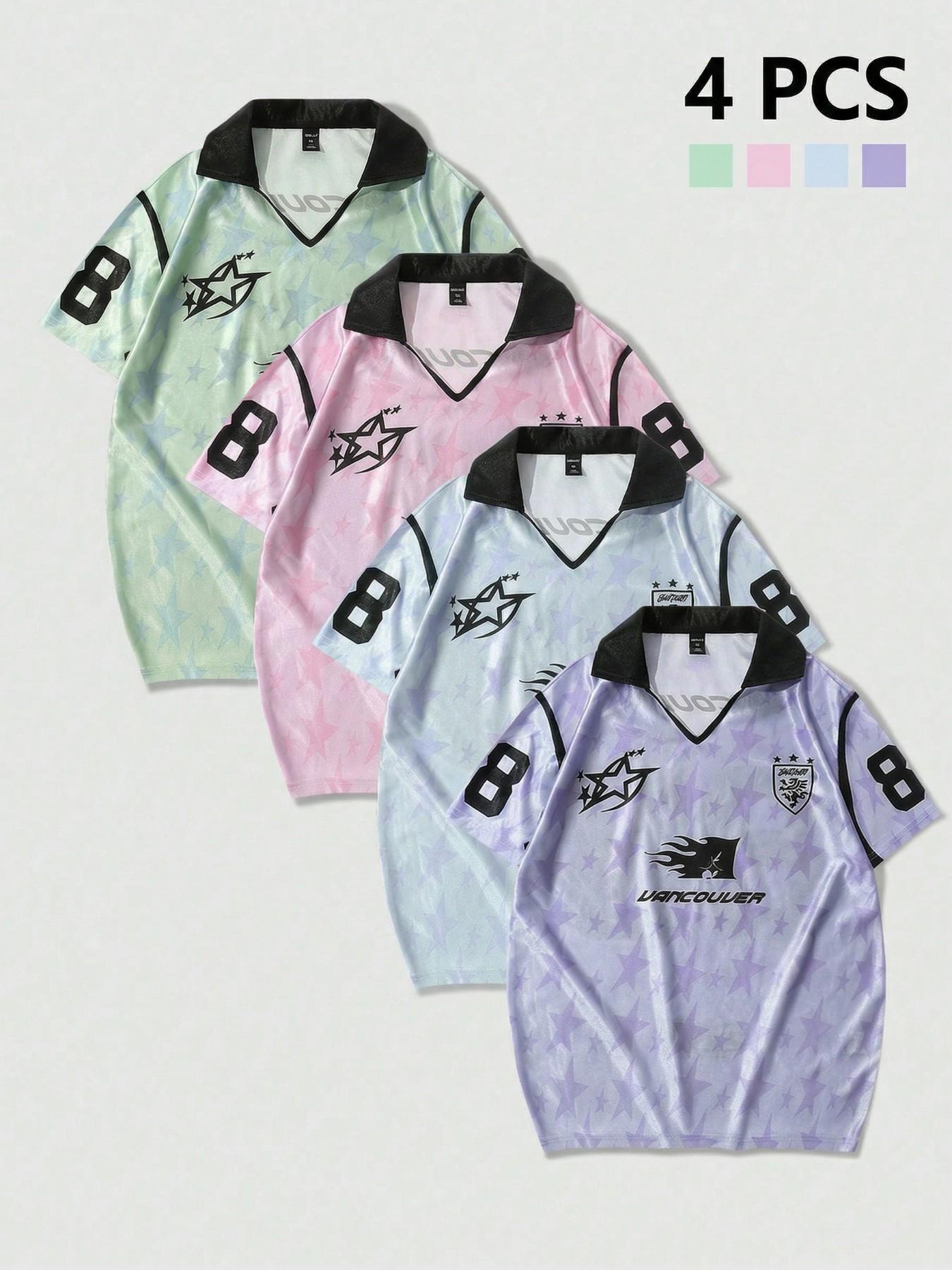4 PCS Men's Star Print Soccer Polo Shirt Set 🎽✨ Green/Pink/Blue/Purple | "Vancouver" Graphic & Number 88 Detail | Retro Sporty Jersey Style | Lightweight Breathable Fabric | Perfect for Summer Streetwear & Casual Outings | Y2K Trend Essential