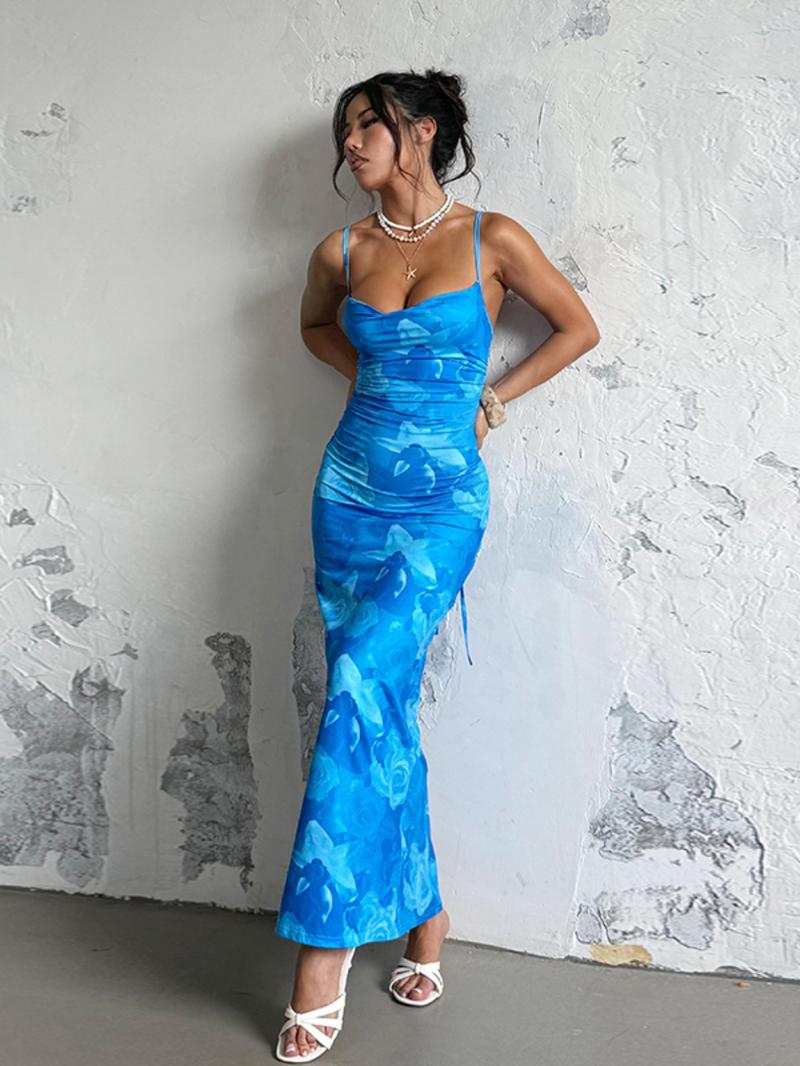 Women's Floral Print Lace Up Bodycon Cami Dress, Elegant Dresses, Adjustable Ruched Sleeveless Long Dress Ladies Clothes for Vacation Holiday Wedding Guest