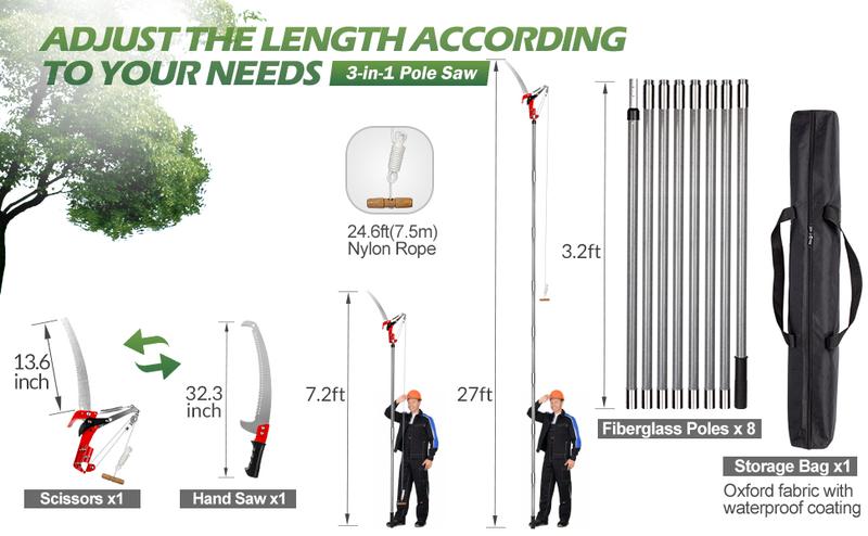 Walensee Pole Saw for Tree Trimming, Lightweight Manual Stainless Steel Extension, High Reach Pruning Tool for Branch Trimming and Cutting in Forestry, Yard, Garden, and Patio