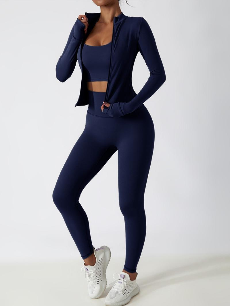 Women's High Waist Zipper Long Sleeve Yoga Pants Set, Elastic and Comfortable, Casual Wear for Daily, Fitness Running Cycling