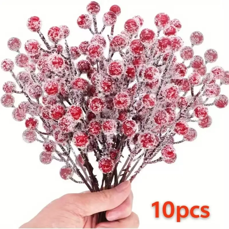 10pcs artificial holly berry branches Christmas berry decoration spray branches snow-white simulation of red berries suitable for Christmas branches filling decoration Valentine's Day DIY handmade wedding home party winter decoration.