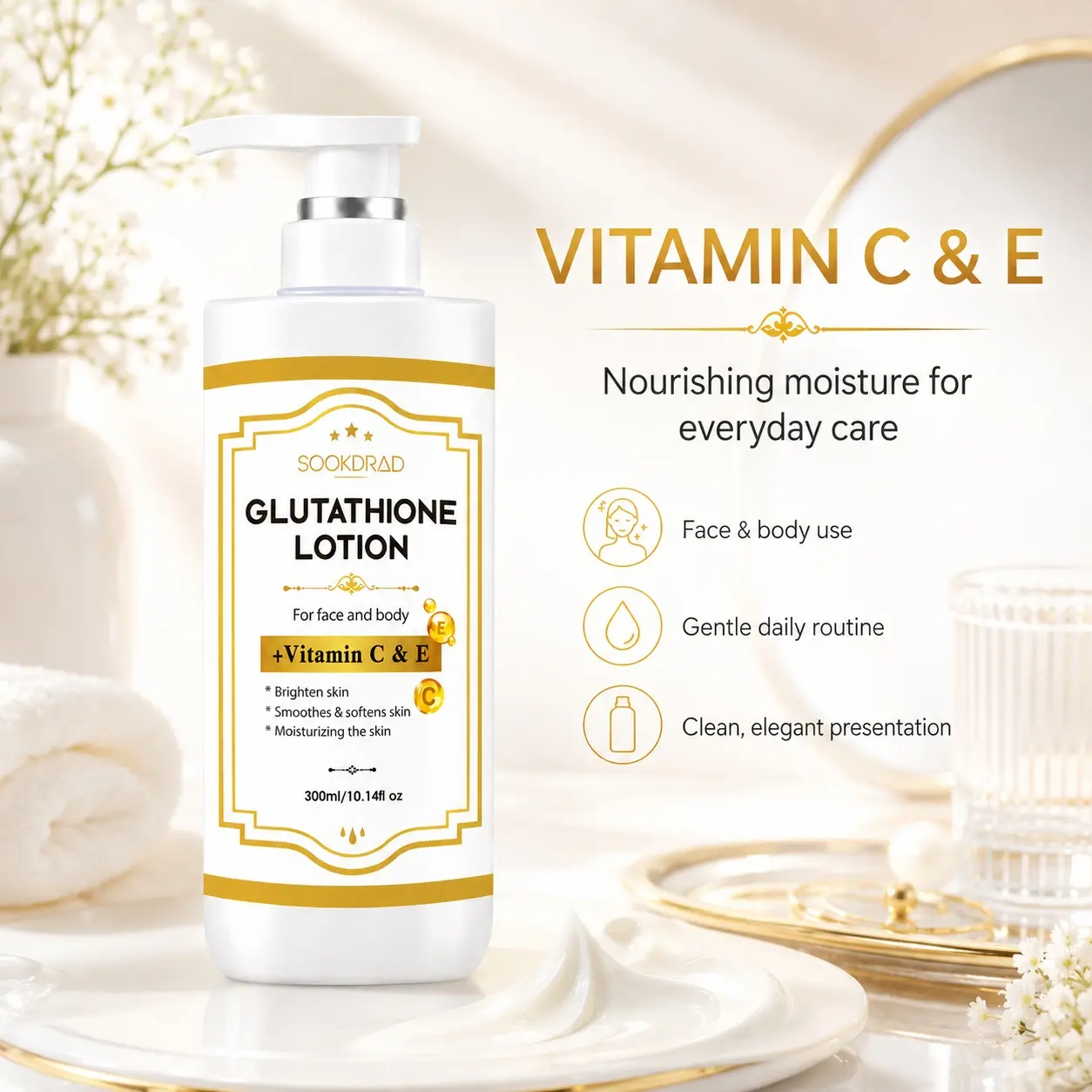Glutathione Lotion, with Vitamin C, Vitamin E, brighten skin, smooth and soften skin, moisturizing skin, for face and body, 300ml/10.14fl oz