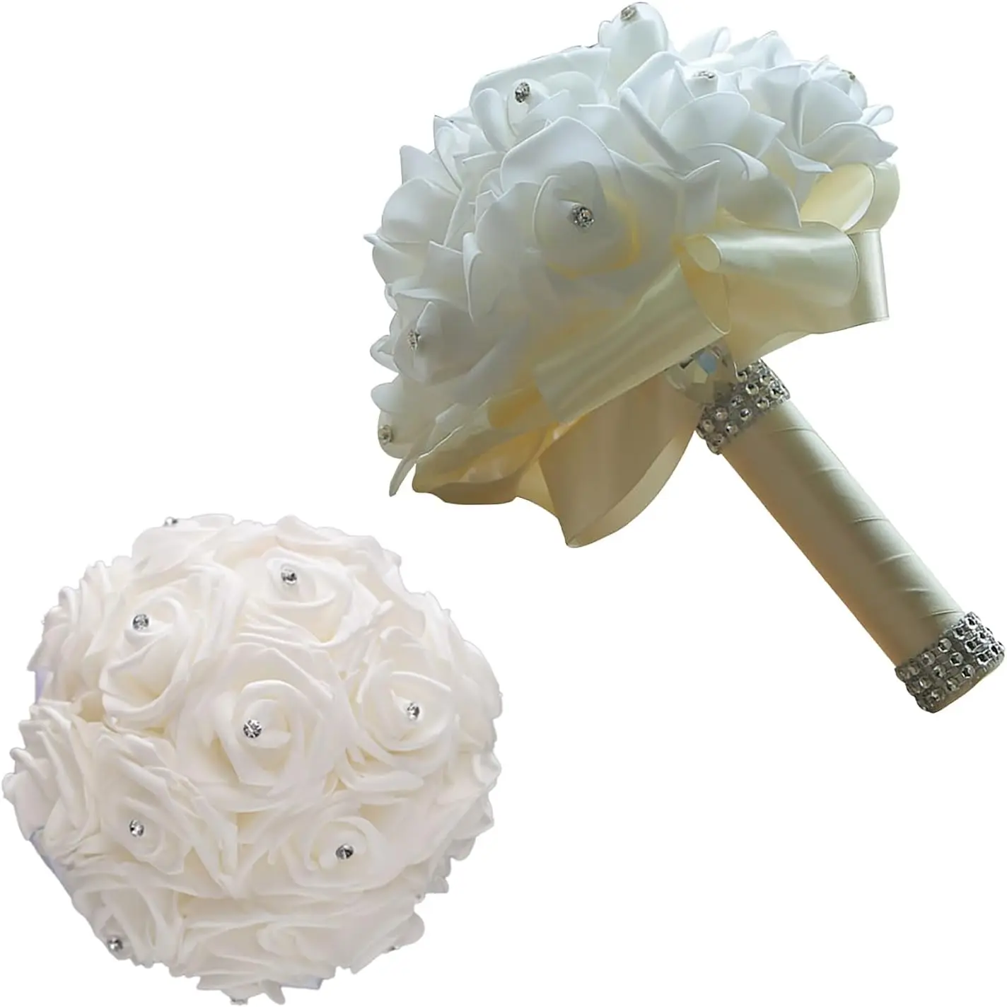 Wedding Bouquets for Bride, Bridal Flowers for Wedding, Bride Bridesmaid Hand Flowers Bridal Bouquet Crystal Diamond Silk Roses, Artificial Flowers Bouquet for Church Wedding Party (Beige)