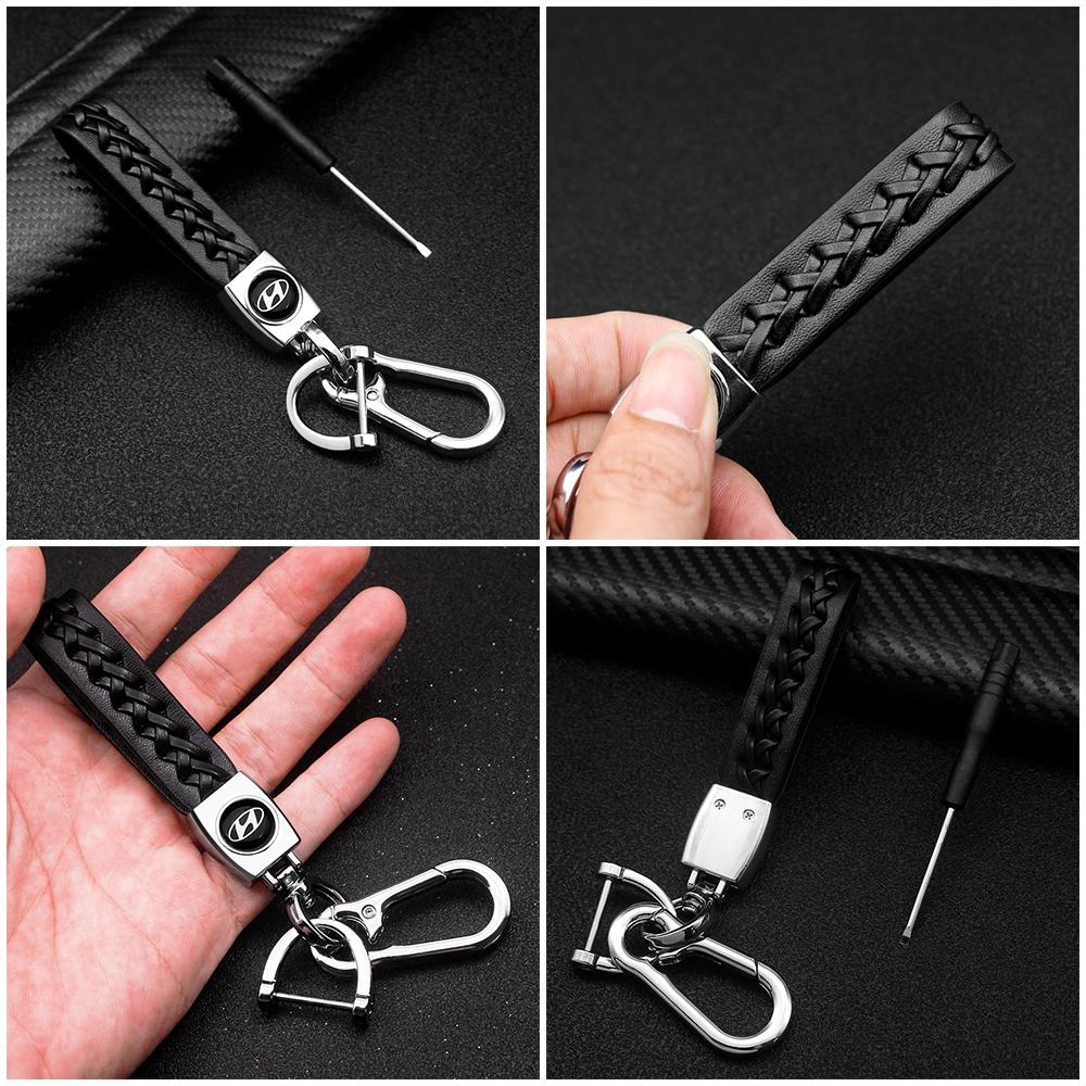 Hyundai Car Logo Leather Keychain, Woven Leather Strap Design, Metal Clip Key Holder, Durable Alloy Car Key Ring, Fashionable Alloy Keychain