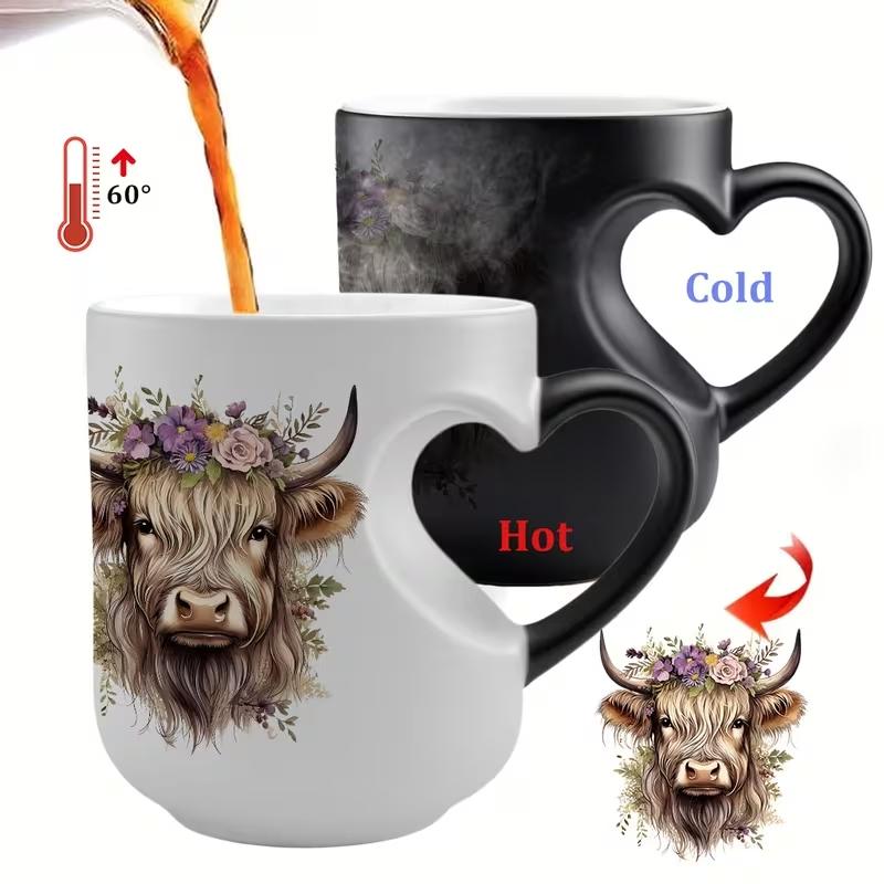 1pc Scottish Highland Cow Magical Mug with Heart-Shaped Handle & Scottish Cow Design - Ceramic Tea/ Cup, Hand Wash Only, Reusable Gift for &, Birthdays, Cartoon Themed Gifts 11oz Drinking Cup