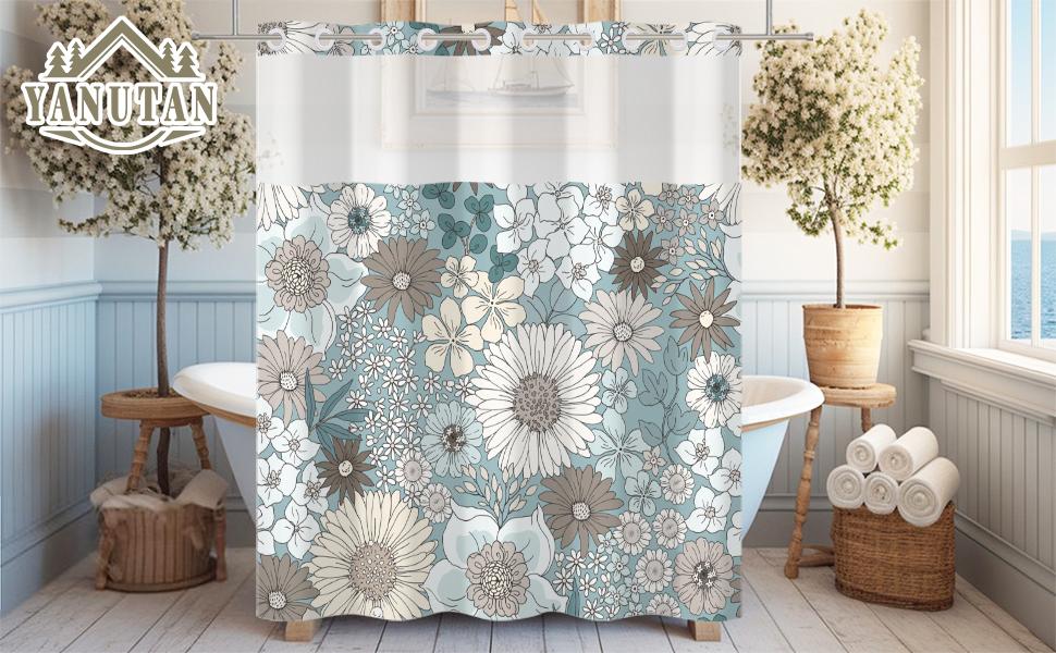 Hookless Modern Floral Shower Curtain, Blue Boho Flower-Layered Design with Snap-In Mesh Liner and Weights, 71x74in Floral Shower Curtains for Bathroom, Hookless Shower Curtain