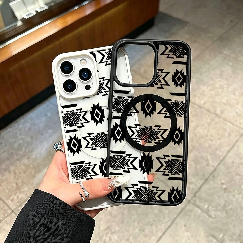 Southwestern Aztec Phone Case for iPhone 17 16 15 14 13 12 11 Pro Max, Black and White Tribal Pattern Protective Cover, Western Style Gift for Men Women