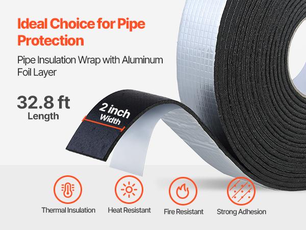VEVOR Pipe Insulation Wrap, 32.8 FTx 2-inch Pipe Insulation Tape with Aluminum Foil Layer, Self-Adhesive Foam and Foil Pipes Wrap for Freeze Protection, Heat Cold Resistant for Outdoor Indoor Use