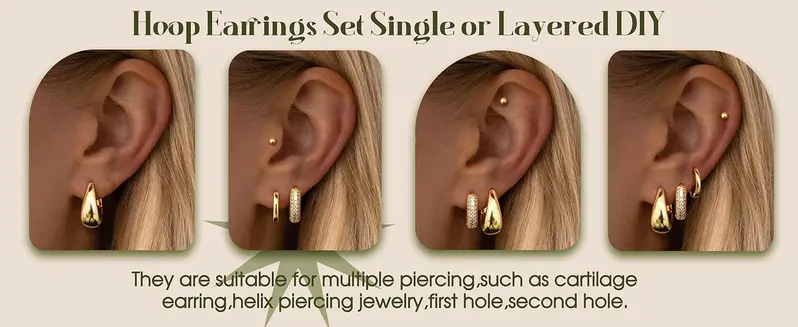 Small Chunky Gold Hoop Earrings for Women Stud Earrings Jewelry Hypoallergenic - Gold Silver Hoop Earring Stacks Non Tarnish 14K Gold Plated Flat Back Huggie Hoop Earring Sets for Multiple Piercing Lightweight 4Pairs