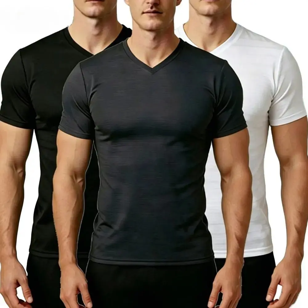 Men's Tummy Control Body Shaper T-Shirt, Deep V-Neck Fitted Compression Undershirt in Stretchy Ice Silk for Casual Summer Wear, 1-3 Pack, Vests, Shortsleeve, Raglan Sleeves, Slim-Fitting, Minimalist, Smooth Under Tees