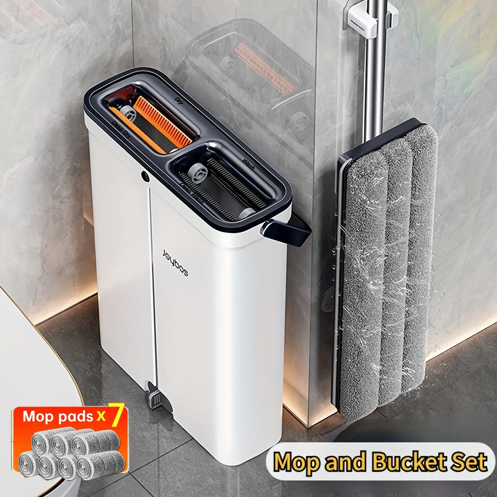 Lightweight Flat Mop and Bucket Set with Wringer, Hands Free Wet Dry Mop System for Hardwood Floors, Windows, Walls, Apartments and Home, Includes 7 Washable Microfiber Mop Pads