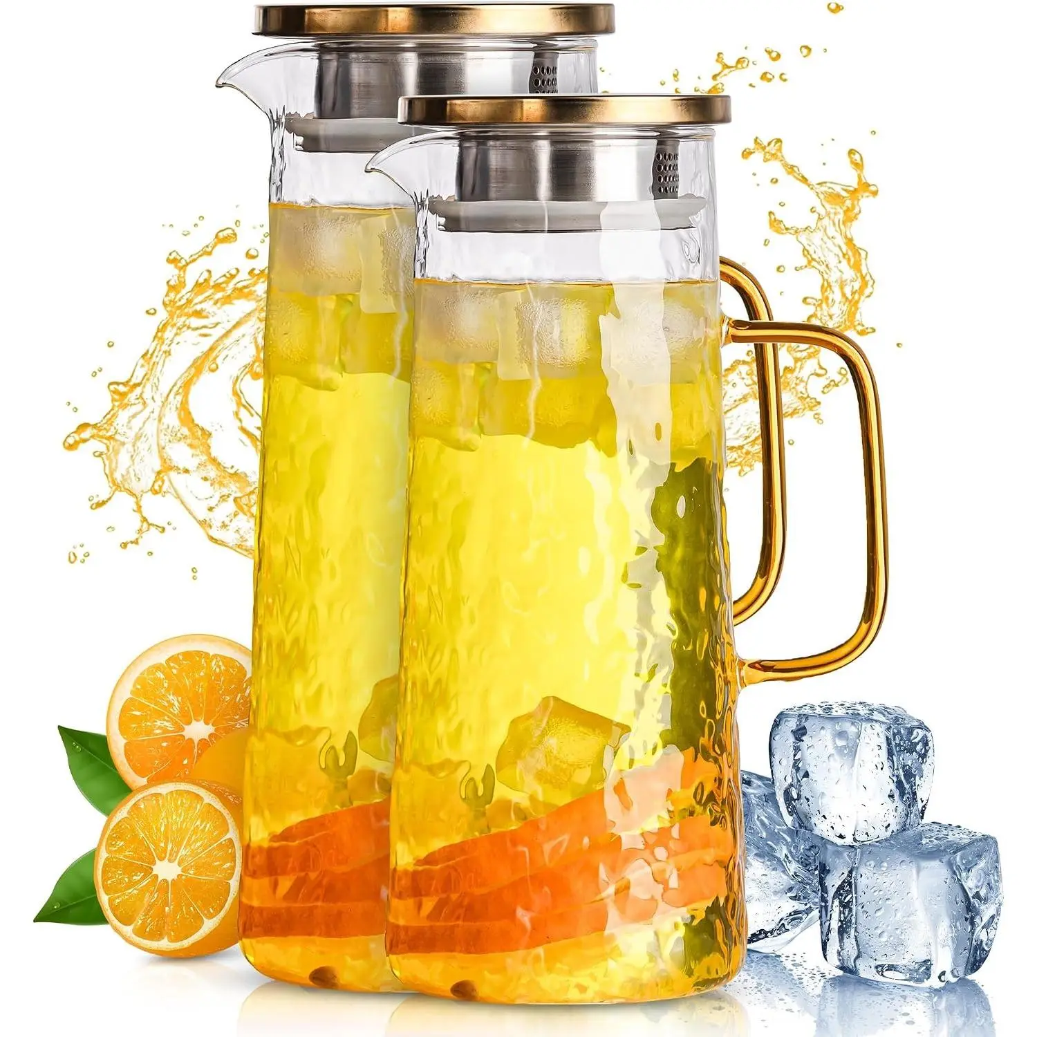 2 Pack Glass Water Pitcher with Lid & Filter, 50 oz 1.5L Borosilicate Glass Jug for Iced Tea, Coffee, Juice and Daily Cold Drinks