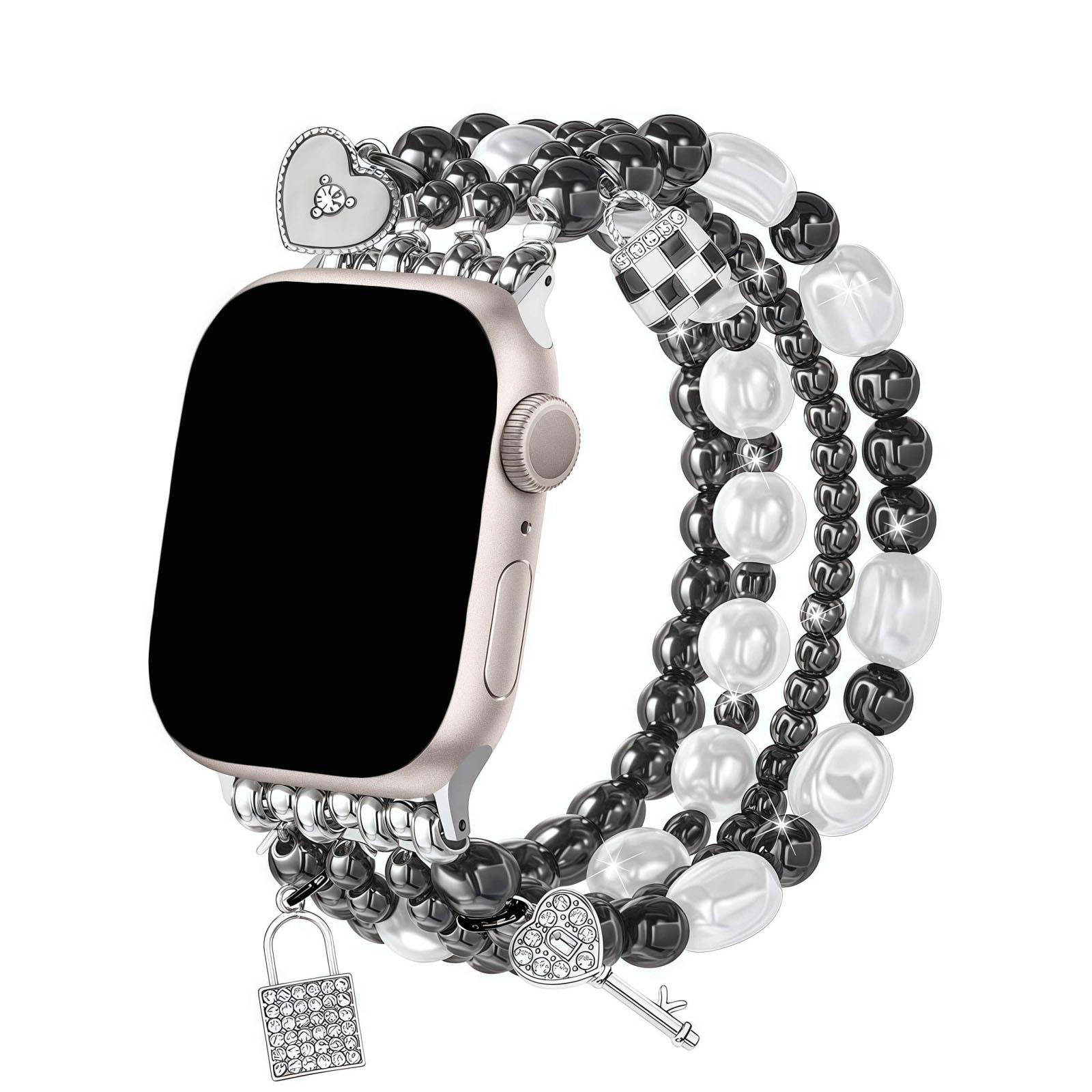 Gold bead bracelet suitable for 38mm 40mm 41mm 42mm women's Apple Watch strap, Smartwatch Accessories, iWatch SE series handmade dress iPhone strap elastic strap heart-shaped pendant strap, women's pearl strap, Smart Watch Straps