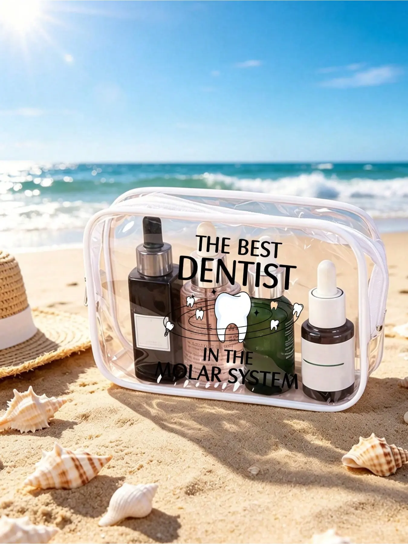 Clear PVC cosmetic bag with fun "Galaxy's Best Dentist" print. Waterproof and portable with zipper. Ideal for dentists, dental students and oral care lovers for work, travel and beach use.