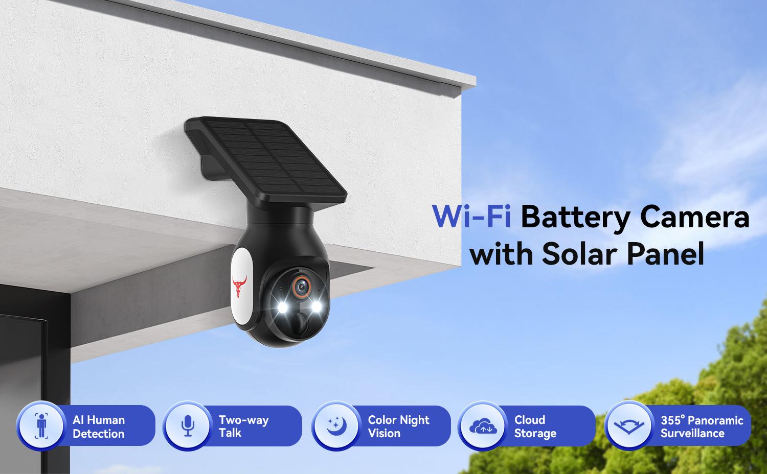 Security Camera Wireless Outdoor with Solar Panel, 355° Pan/Til, Battery Powered, AI Human Detection, 2-Way Talk, Color Night Vision, Cloud Storage, 2.4G WiFi Only, Indoor Outdoor Serveillance Bullet IP Cam, Wireless Security Cameras #GLOBAL PICKS